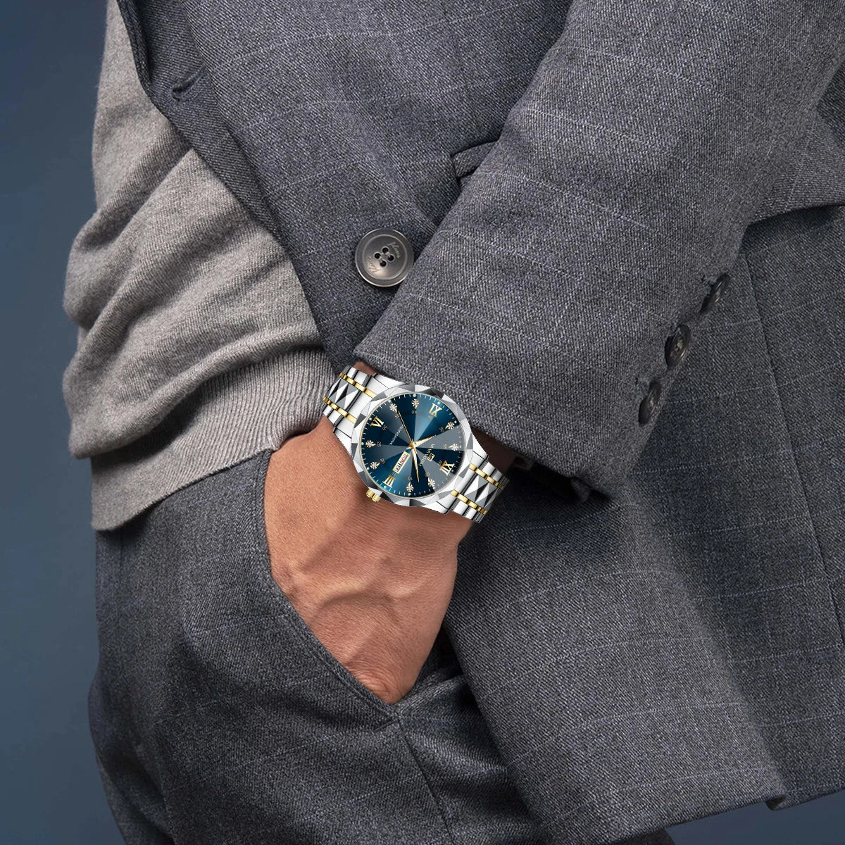 Prestige Men’s Watch — Two-Tone Stainless Steel Design with Royal Blue Dial