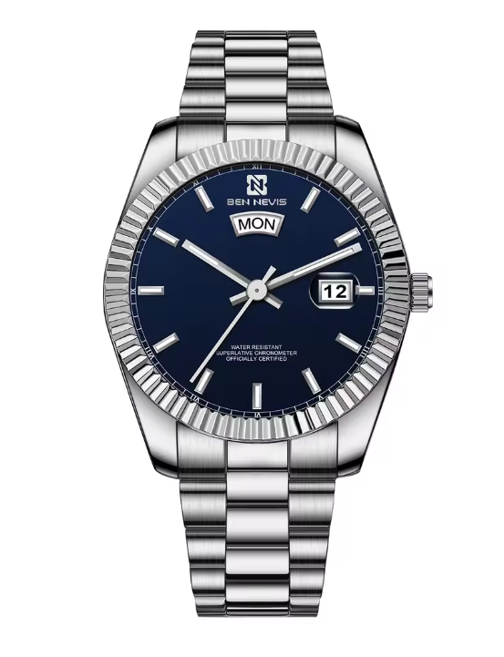 MEN'S LUXURY STAINLESS STEEL DAY-DATE WATCH — BLUE DIAL