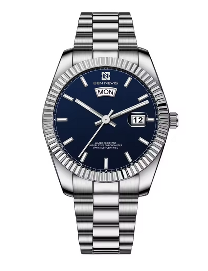 MEN'S LUXURY STAINLESS STEEL DAY-DATE WATCH — BLUE DIAL