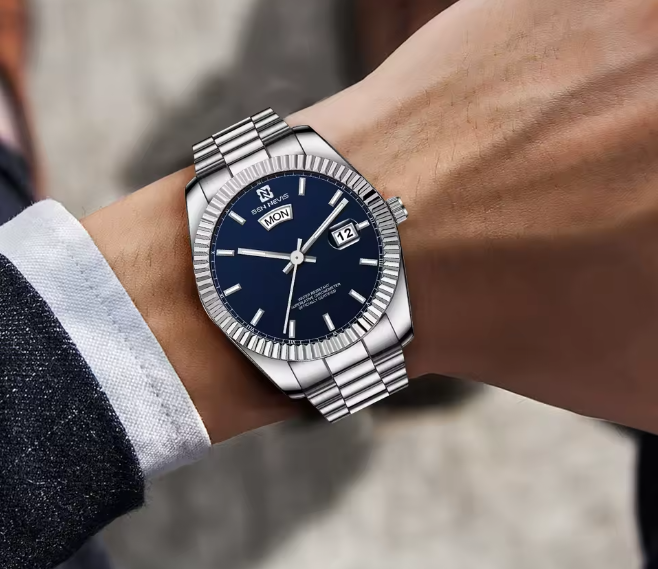 MEN'S LUXURY STAINLESS STEEL DAY-DATE WATCH — BLUE DIAL