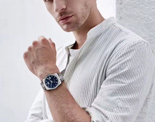 MEN'S LUXURY STAINLESS STEEL DAY-DATE WATCH — BLUE DIAL