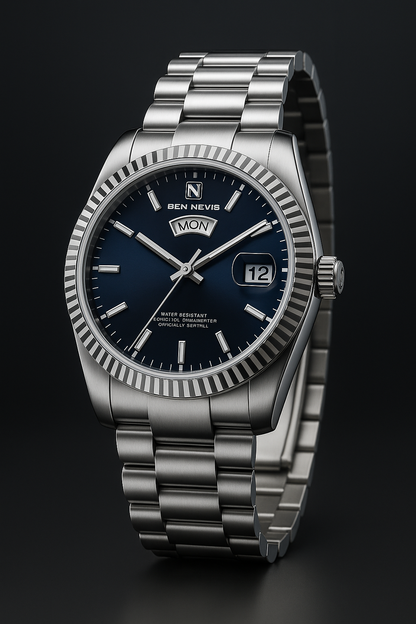 Relógio Masculino De Luxo Em Aço Inoxidável Com Dia e Data — Mostrador Azul