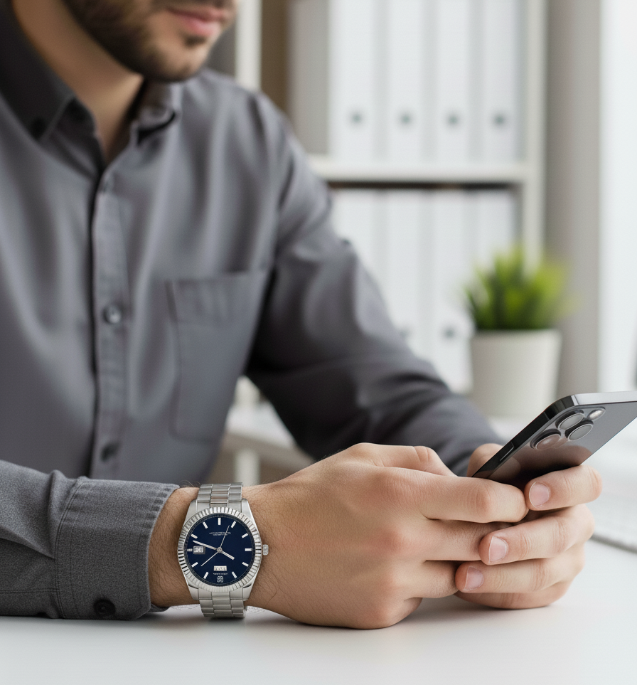 Relógio Masculino De Luxo Em Aço Inoxidável Com Dia e Data — Mostrador Azul