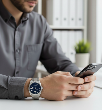 Relógio Masculino De Luxo Em Aço Inoxidável Com Dia e Data — Mostrador Azul