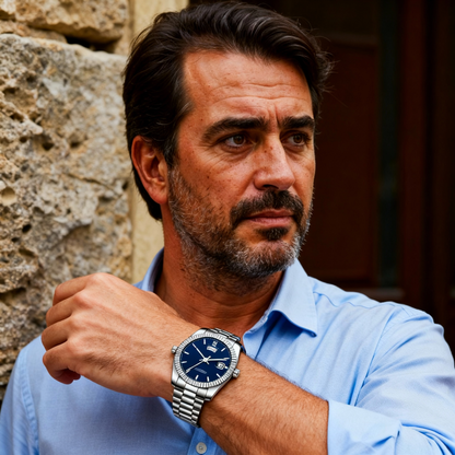 Relógio Masculino De Luxo Em Aço Inoxidável Com Dia e Data — Mostrador Azul